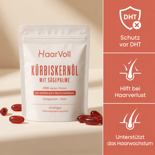 Für voller & dichter wirkendes Haar – HaarVoll Kürbiskernöl Weichkapseln