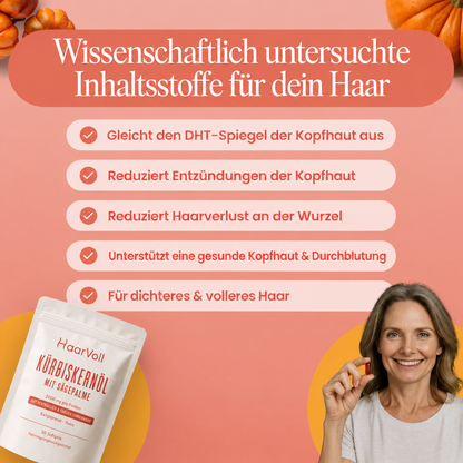 Für voller & dichter wirkendes Haar – HaarVoll Kürbiskernöl Weichkapseln